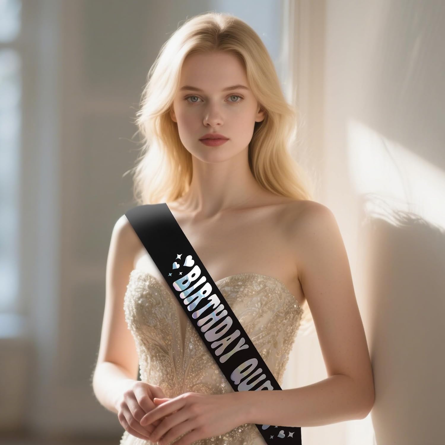 Detalle de Wanciler Birthday Satin Sash — Birthday Queen, Black with Glitter