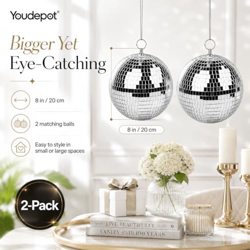 Thumbnail 10 de Youdepot 20 cm Disco Ball 2 Pack – Silver Hanging Mirror Balls for Weddings, Parties and Home Décor
