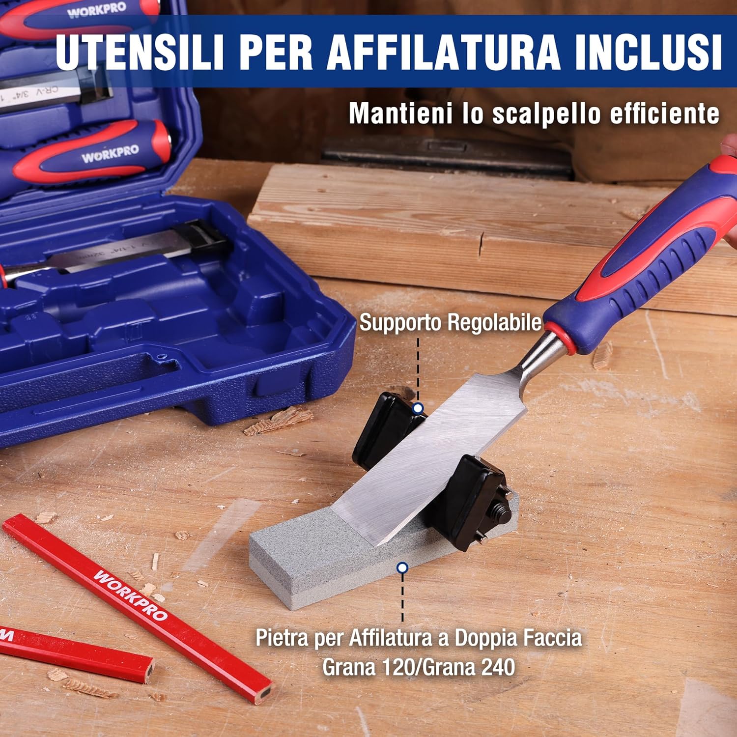 Thumbnail 5 de WORKPRO Set scalpelli per legno professionale da 10 pezzi con custodia (6 scalpelli 6/13/19/25/32/38 mm, affilatura inclusa)