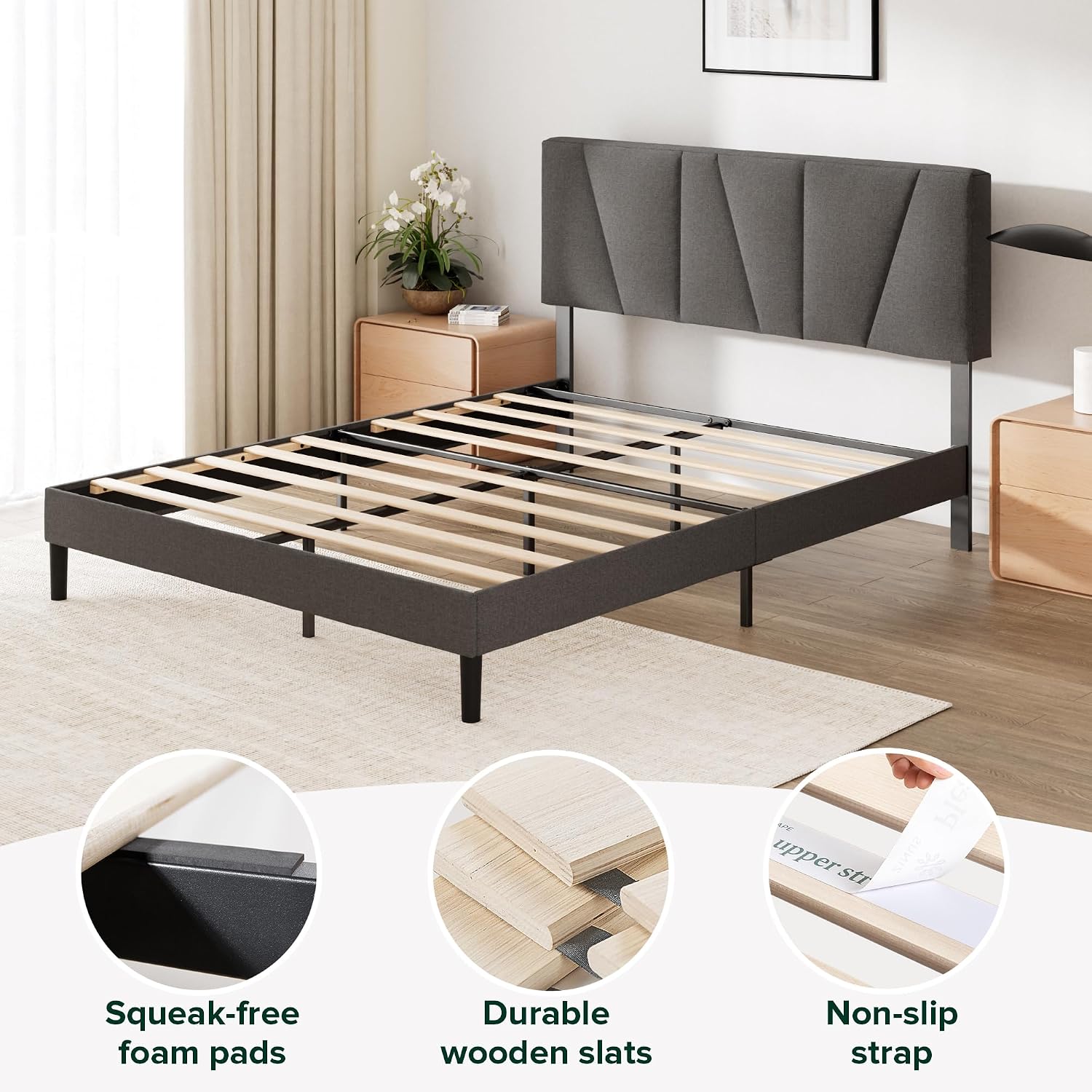 Detalle de Zinus Maya Double Bed Frame with Headboard - 4ft6 (135 x 190 cm) in Dark Grey