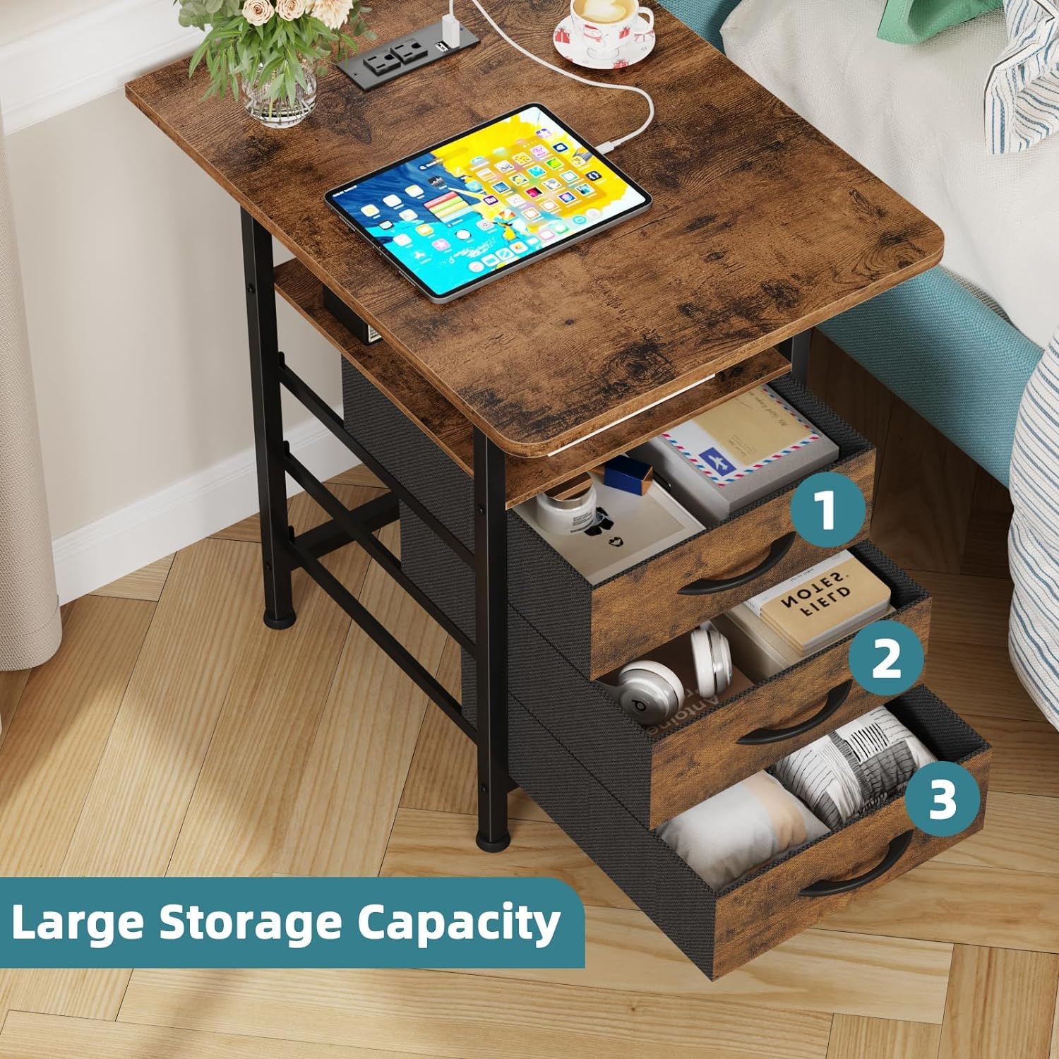Detalle de GYIIYUO Nightstand Set of 2 with 19-inch Tabletop and Charging Station