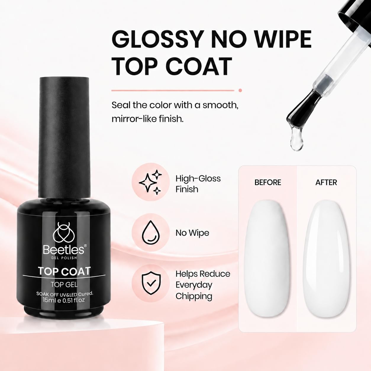 Detalle de Beetles 3Pcs 15ml White Gel Nail Polish and No Wipe Gel Top Coat & Base Coat Set
