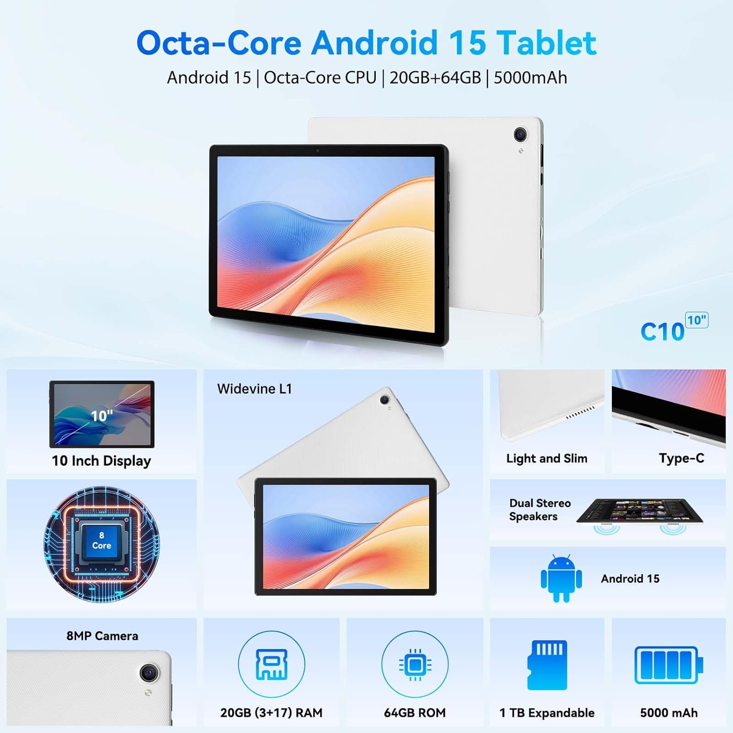 Thumbnail 1 de Hakaug 10-Inch Android Tablet (Octa-Core, 20GB RAM, 64GB ROM) with 1TB expandable, Wi‑Fi 6 and 5000mAh