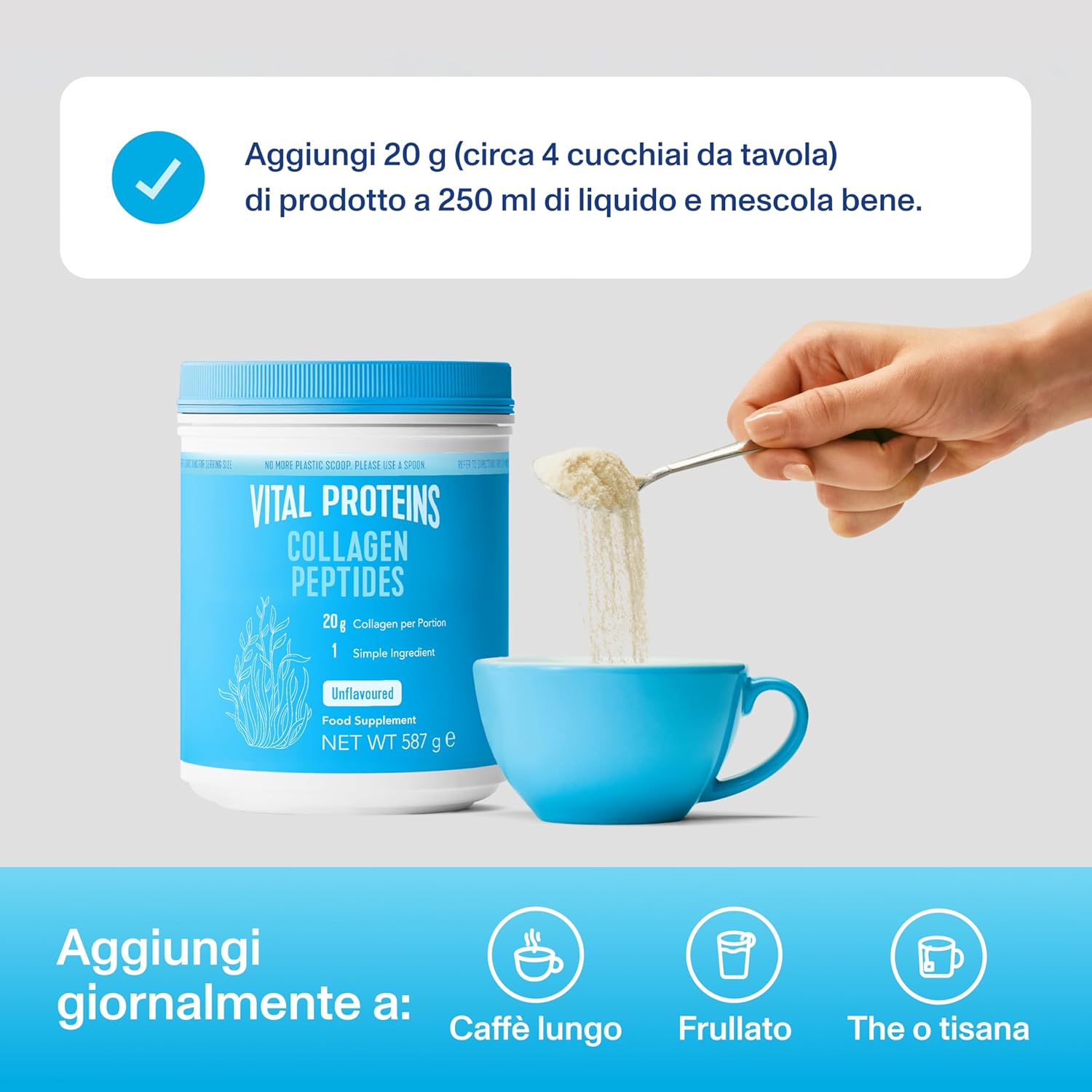 Detalle 2 de Vital Proteins Collagen Peptides – Collagene idrolizzato in polvere 587 g (tipo I, III, bovino)