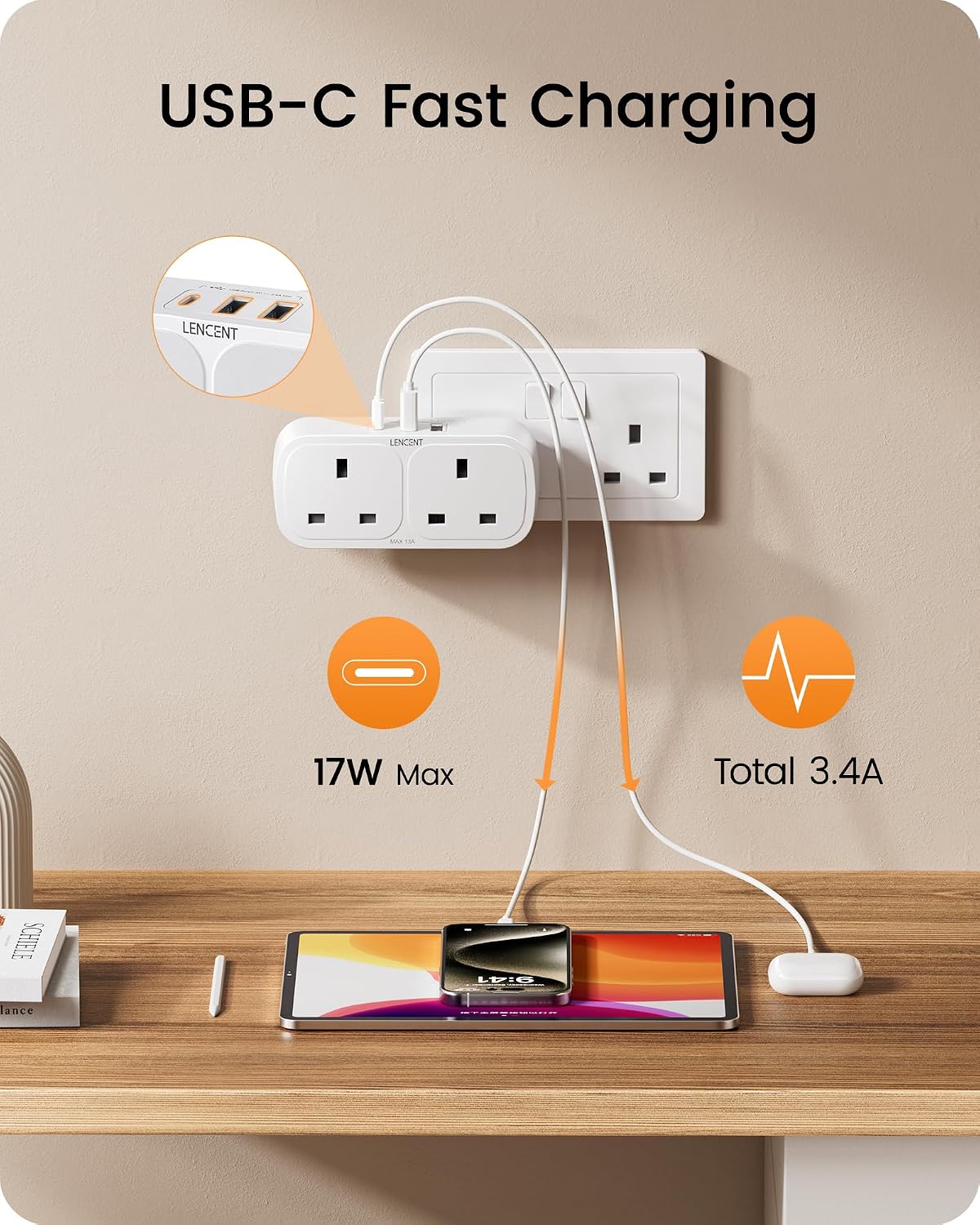 Detalle de LENCENT Plug Adapter 3250W with USB-C