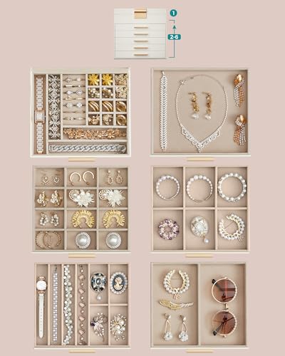 Detalle de SONGMICS Colección GISELLA: Caja de Joyas JBC176W01, 6 Niveles y 45 Compartimentos en Blanco Nube y Dorado