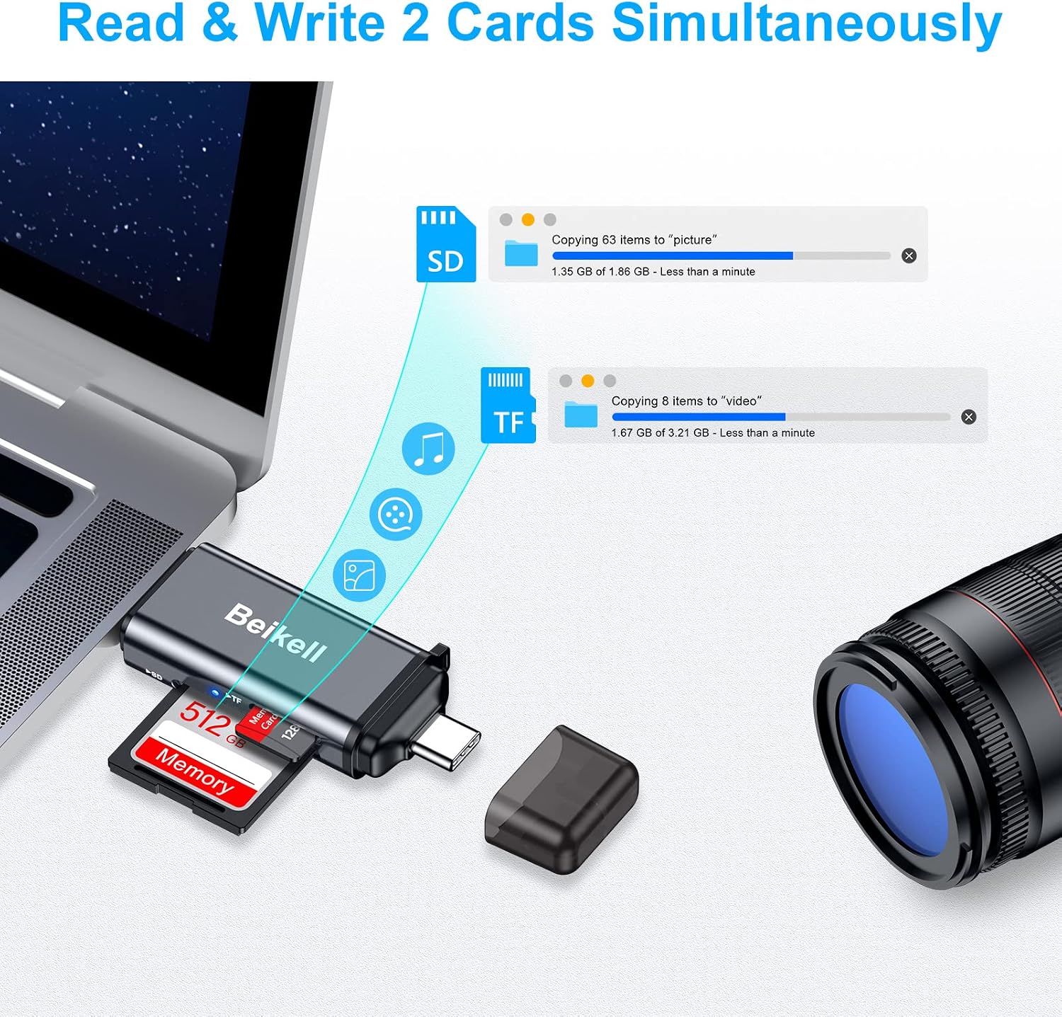 Detalle 1 de Beikell B6310 SD Card Reader 3.0 with USB-C and USB-A, Dual Card Access