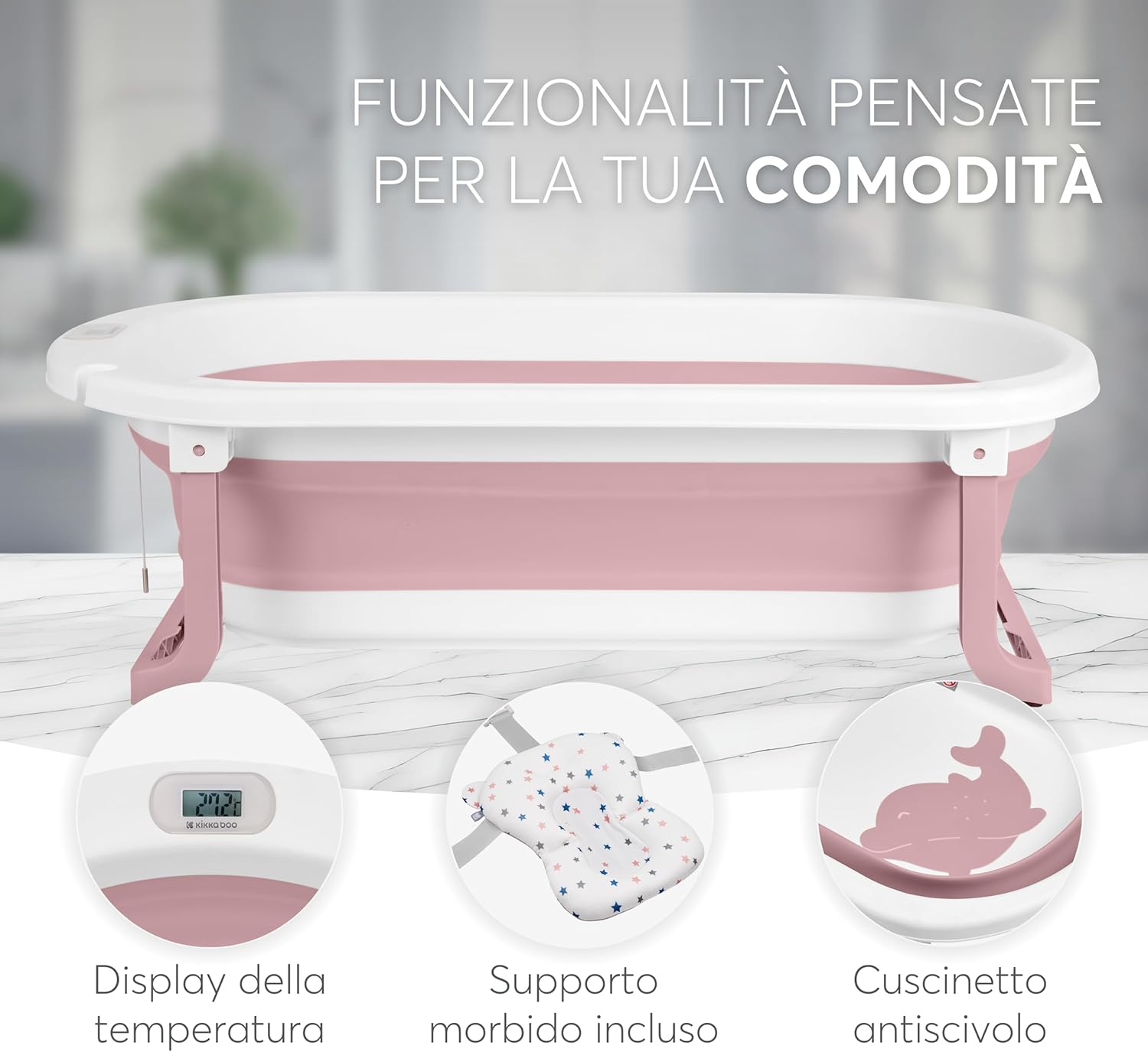 Detalle de KikkaBoo Vaschetta Bagnetto Neonato Pieghevole Willy: vaschetta salvavasso con termometro integrato e cuscino morbido