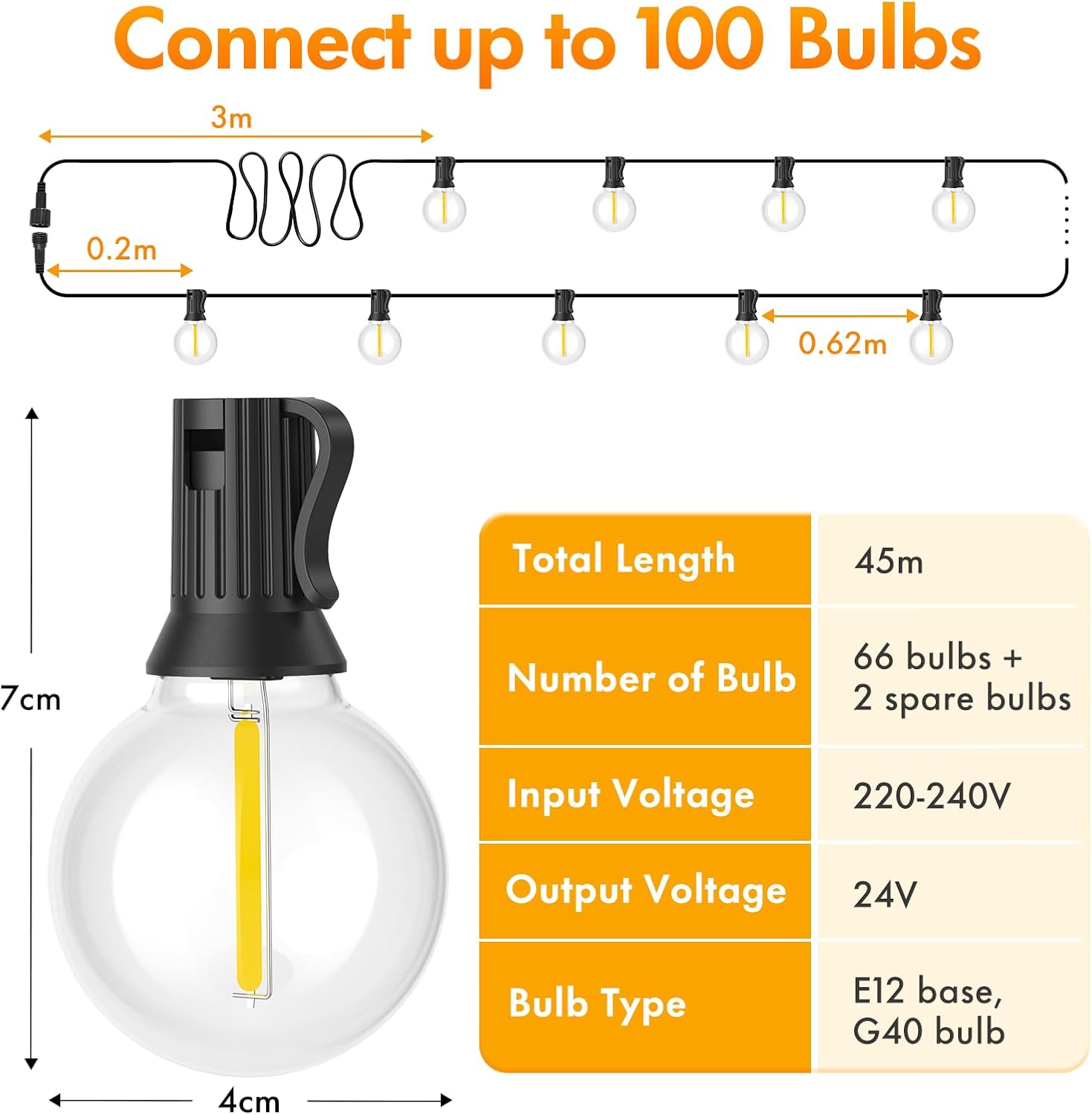 Thumbnail 5 de MAGGIFT 45m/150ft mains garden festoon string lights with remote, timer and 3 modes (G40 LED bulbs, IP44)