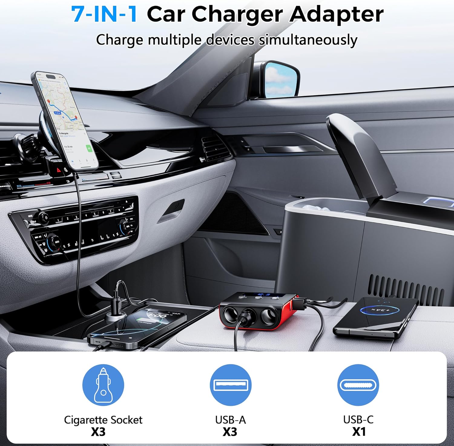 Thumbnail 5 de SONRU 180W 7-in-1 Cigarette Lighter Adapter with PD/QC3.0, Dual USB-A, Independent Switches and LED Display