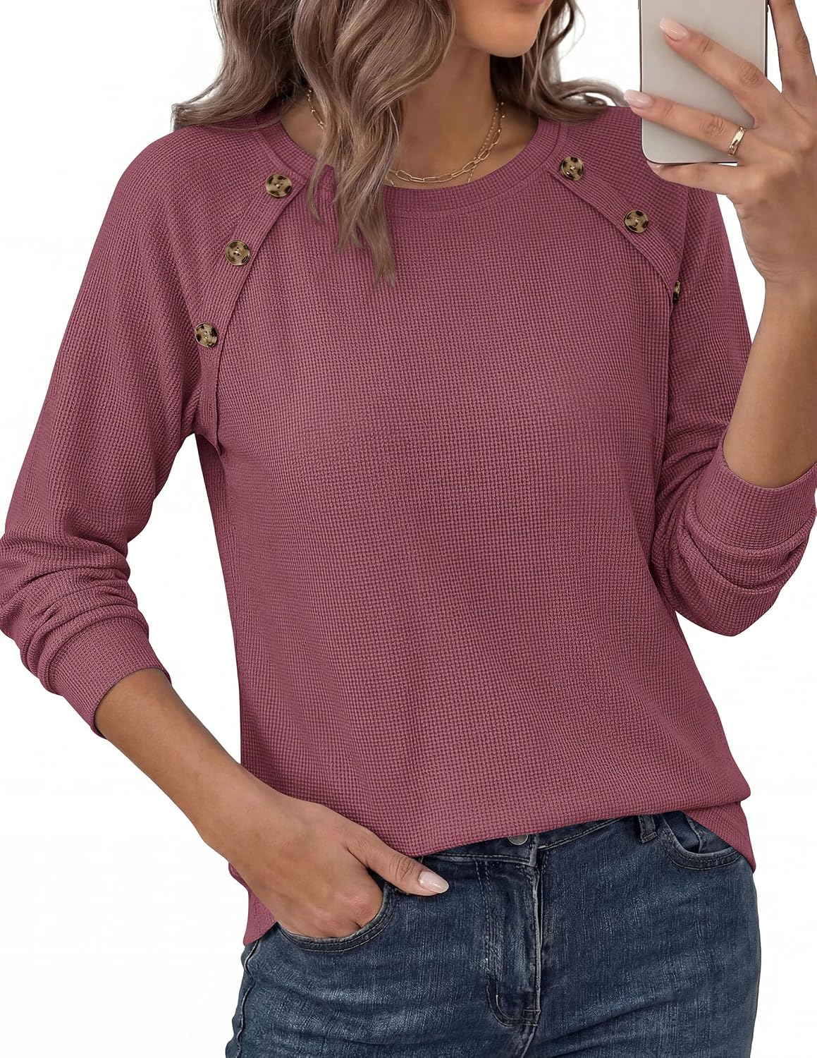 Detalle 2 de PRETTYGARDEN PR1559 Women's Waffle-Knit Tunic Top with Raglan Sleeves