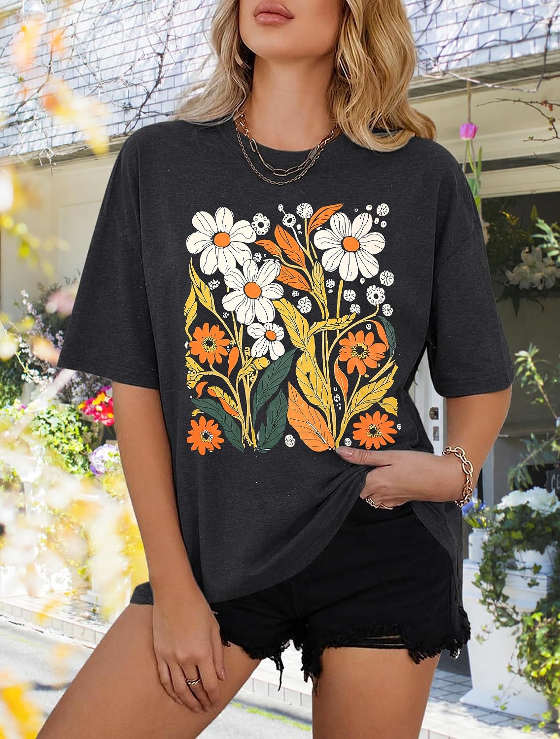 Detalle de UNIQUEONE Oversized Floral Graphic T-Shirt for Women, Cotton Blend