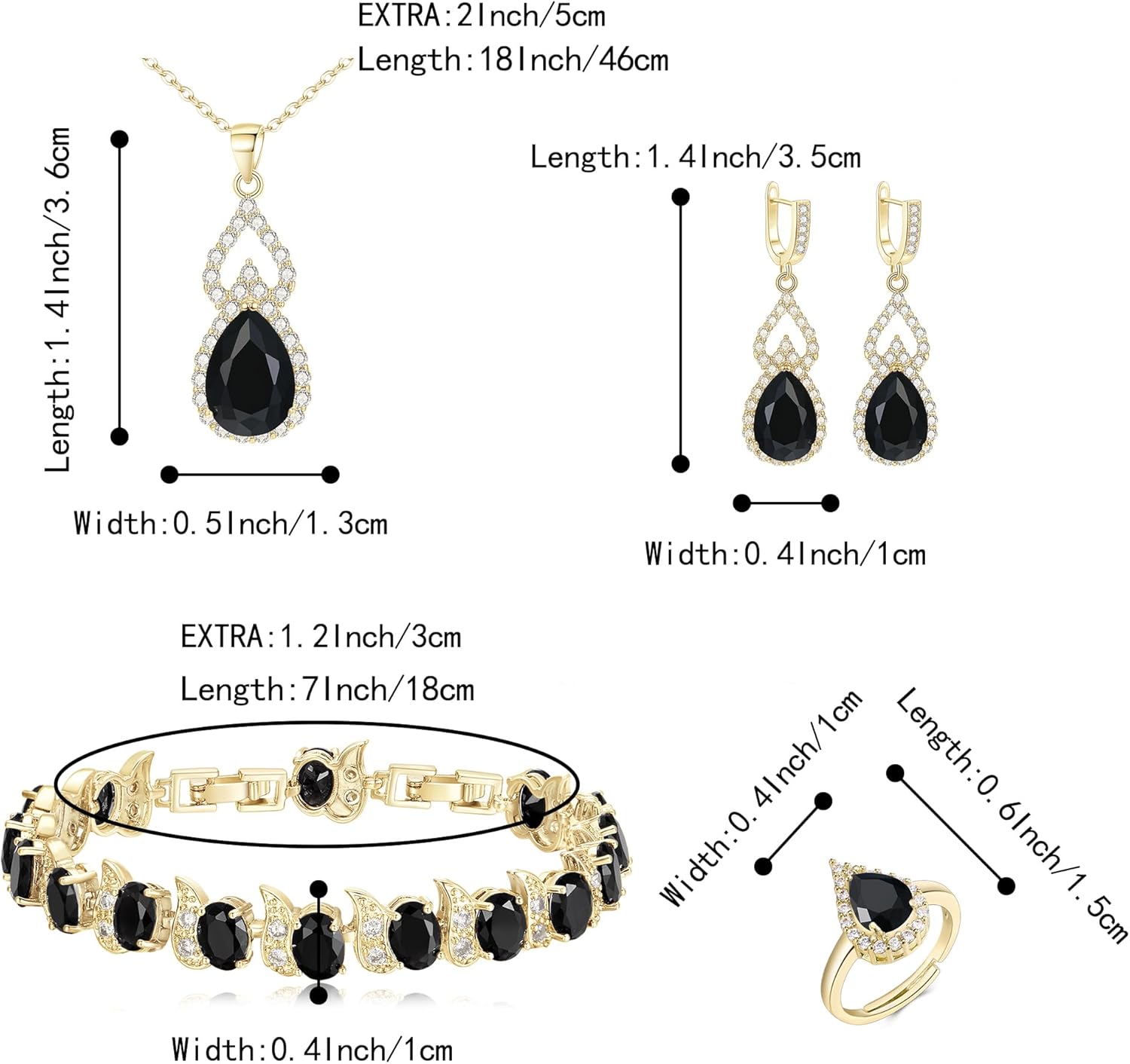 Detalle de Ensemble Clearine Parure Bijoux Mariage en Argent Noir Rose – Goutte d'eau et Zircone Cubique, 4 pièces