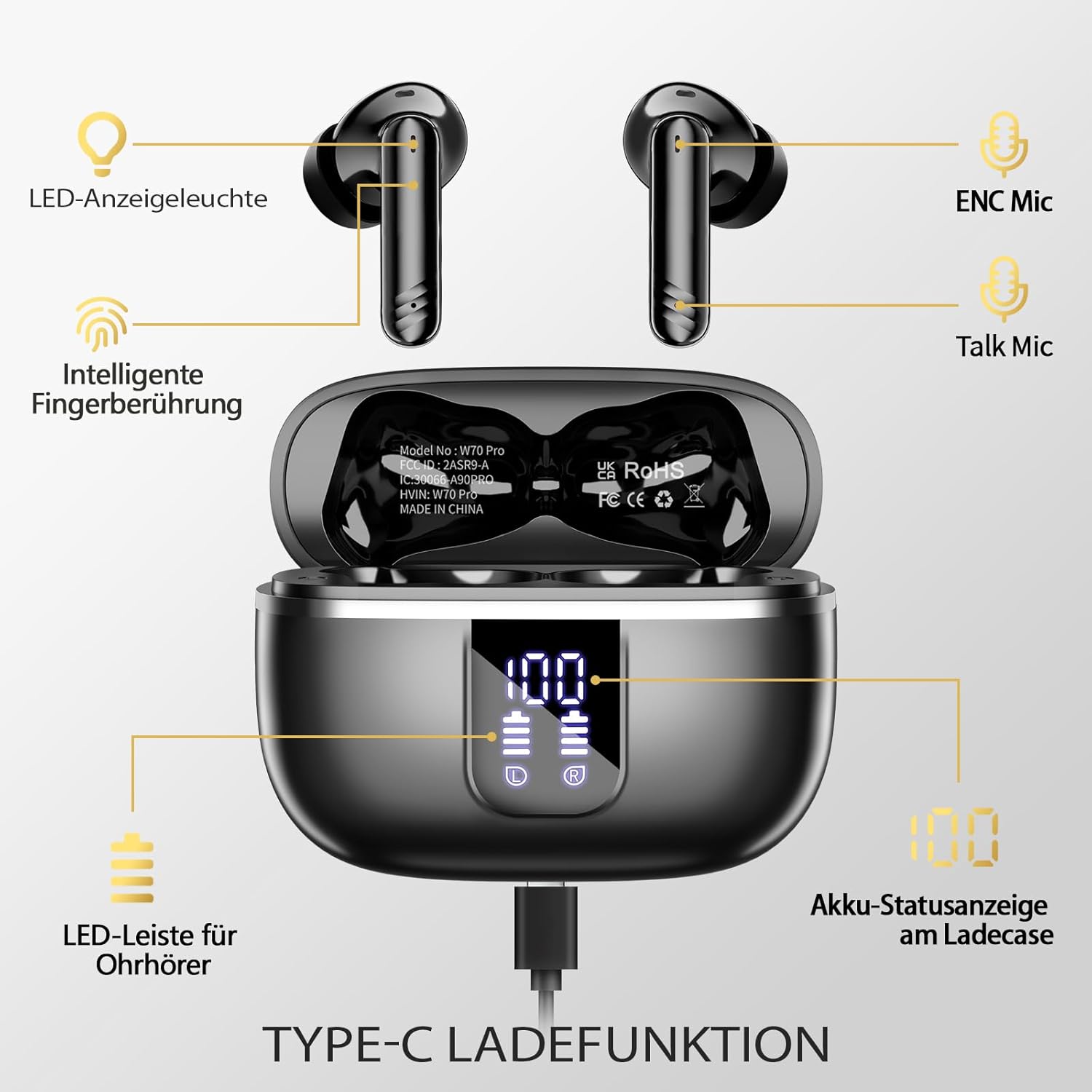 Thumbnail 4 de OWMSIC Bluetooth In-Ear Kopfhörer W70 Pro (Bluetooth 5.4) mit 4× ENC-Mikrofonen, 46 Std. Spielzeit und LED-Display
