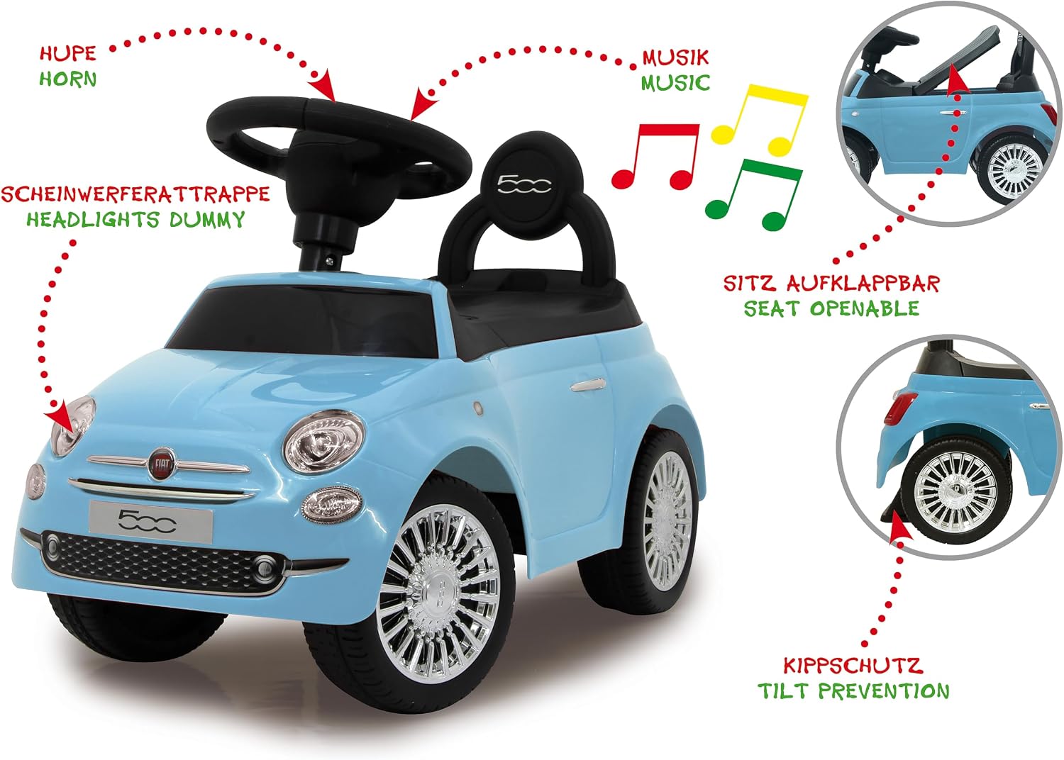 Detalle 2 de Jamara 460327 Fiat 500 – niebieski jeździk z bagażnikiem i dźwiękami