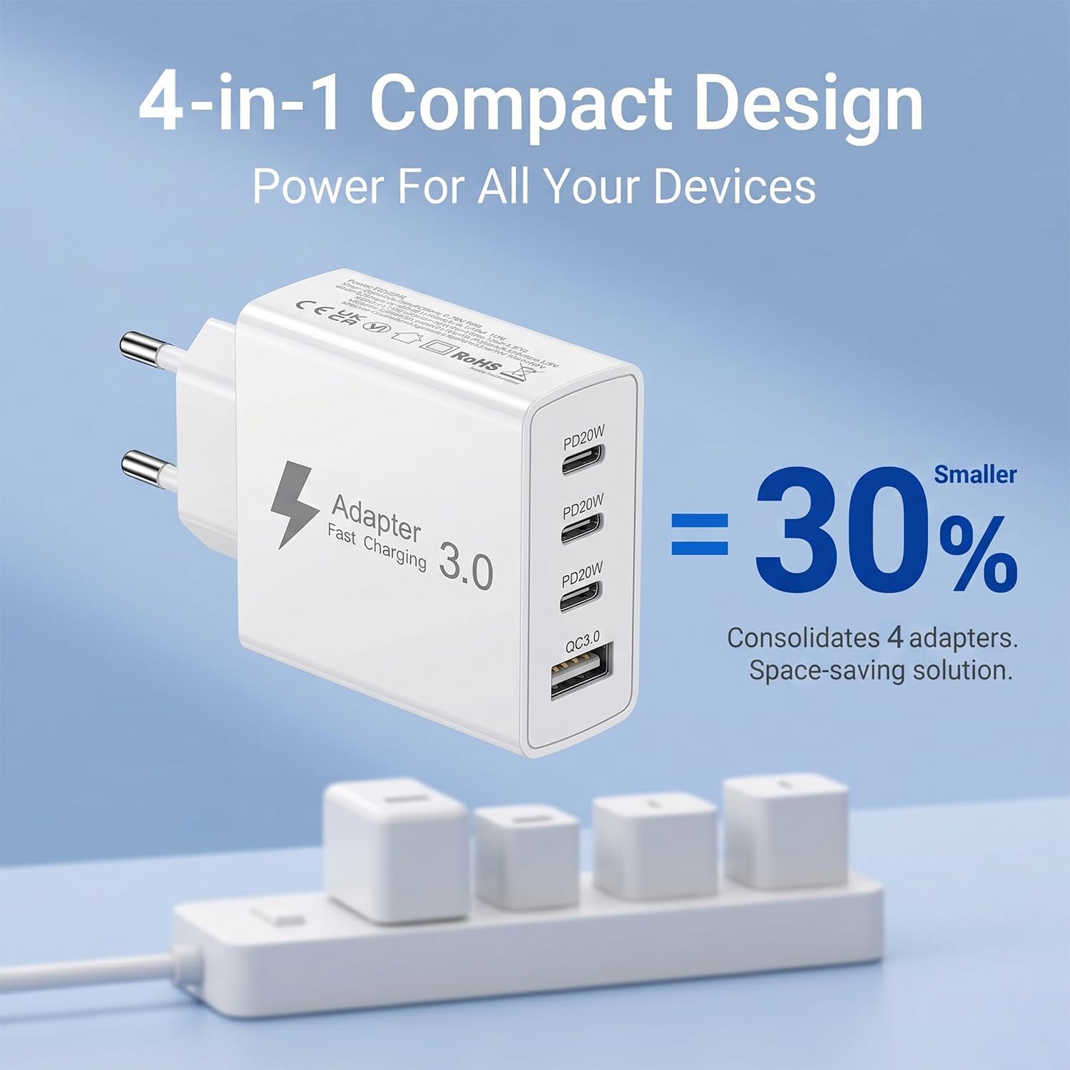 Detalle de Poukey 50W 4-poorts USB-C-lader met 3 USB-C-poorten en kabel van 2 m