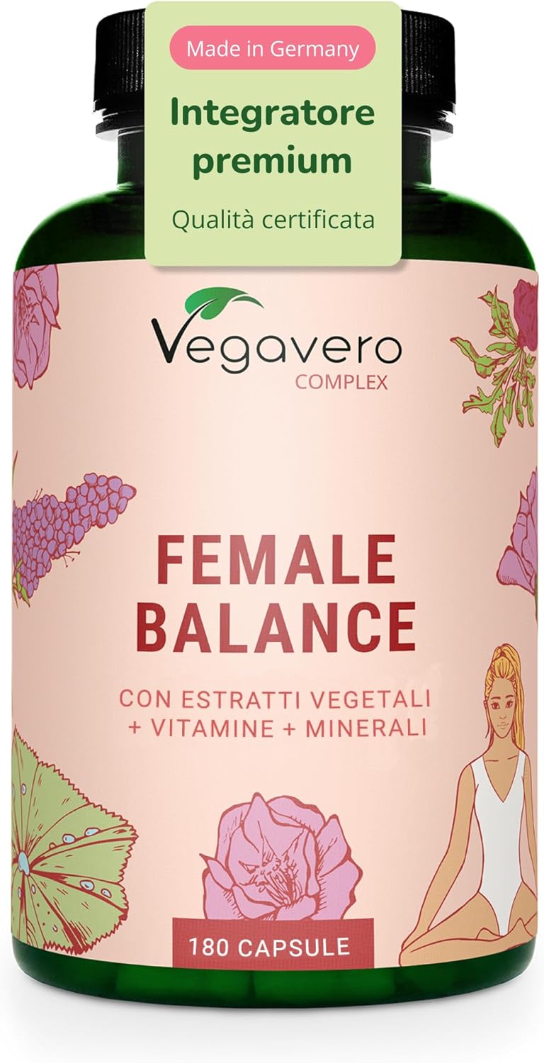 Detalle de Vegavero Female Balance 180 capsule: equilibrio ormonale vegano con agnocasto, maca e micronutrienti