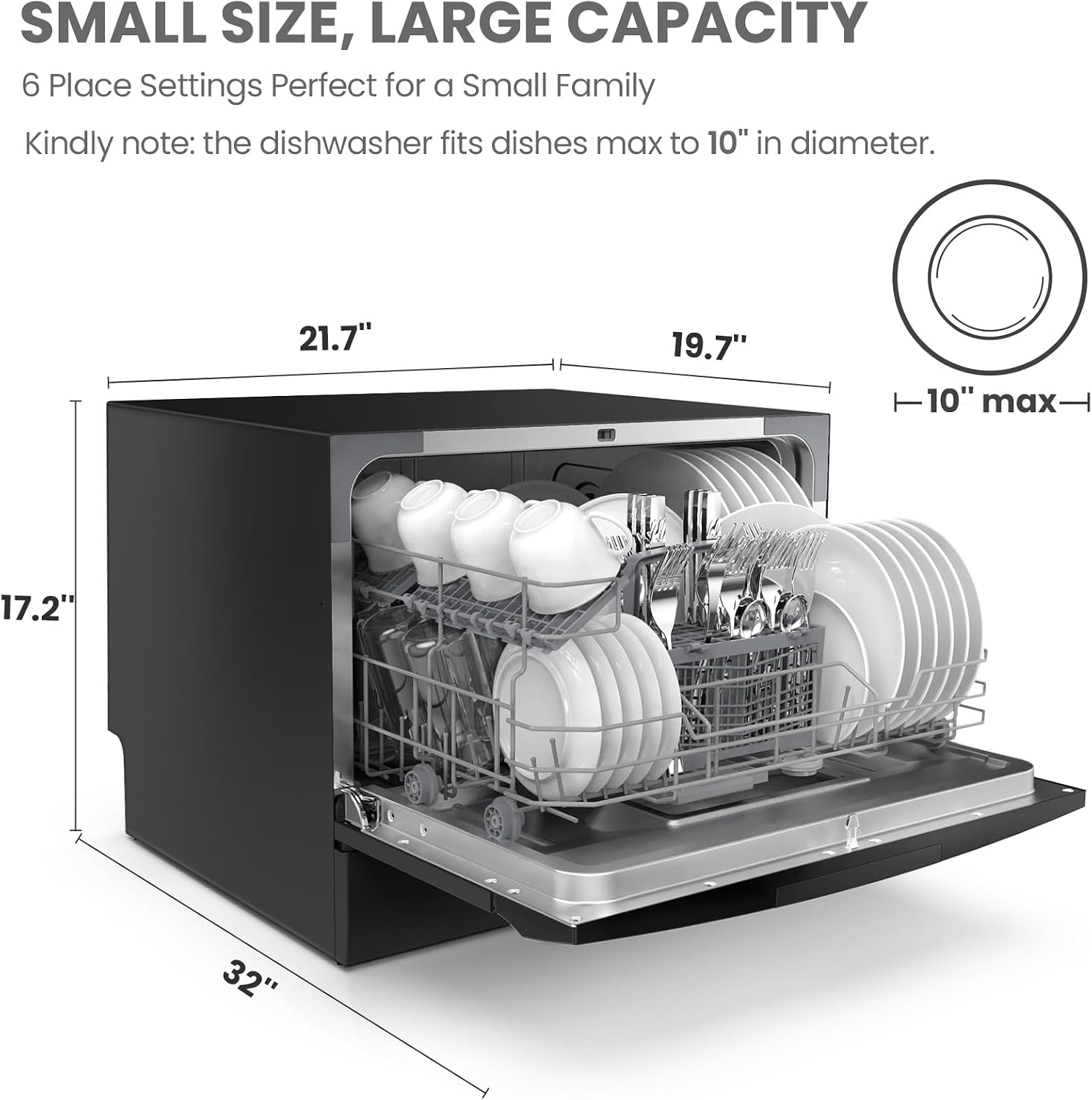 Detalle de COMFEE' CDC22P1BBB Countertop Dishwasher, 6 Place Settings, 8 Cycles, Black