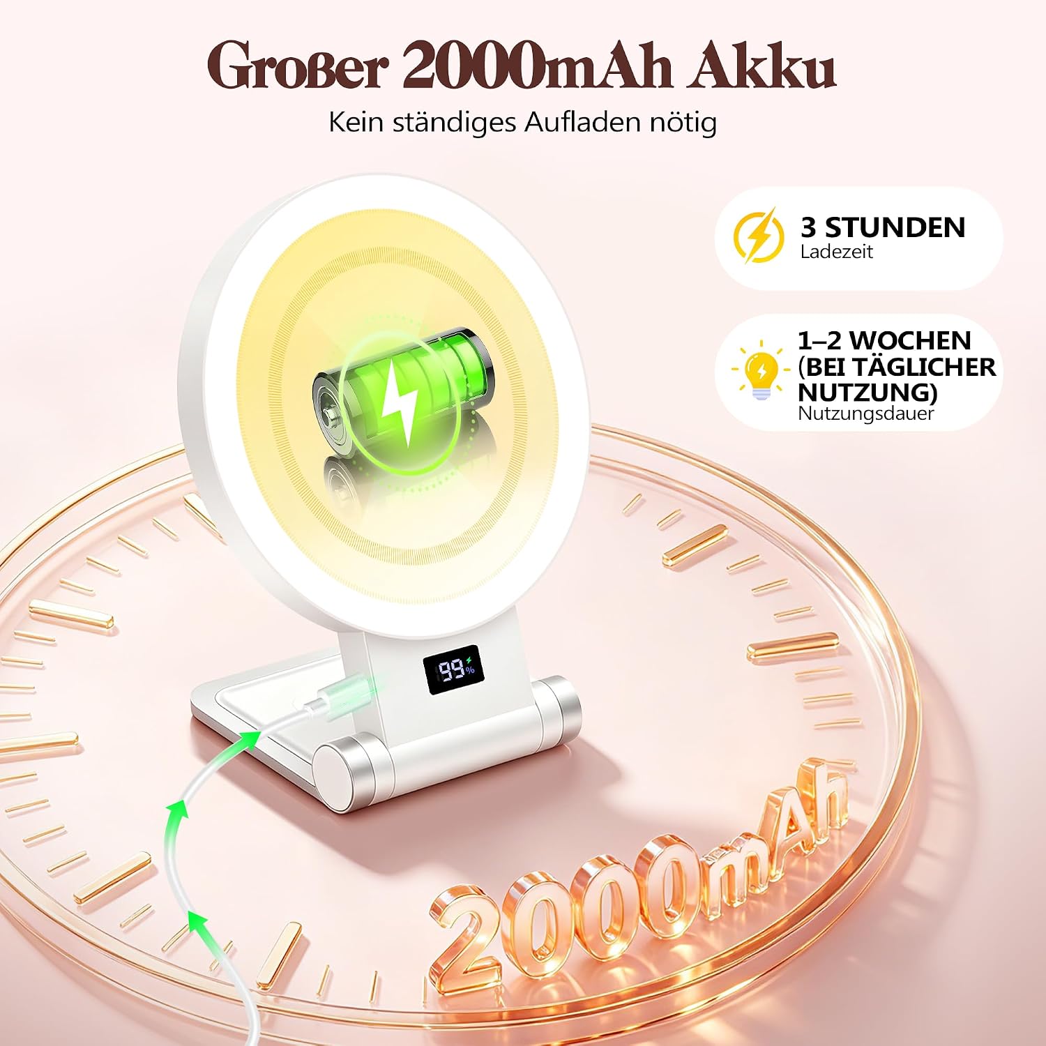 Thumbnail 3 de B Beauty Planet 30X/1X Kosmetikspiegel mit Beleuchtung – verstellbarer Ständer, 30X Vergrößerung, 3-Lichtmodi, 2000mAh