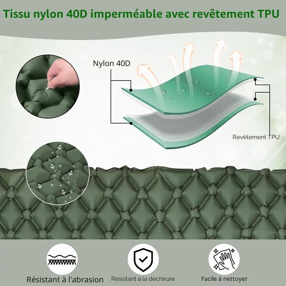 Detalle de AUYAO Matelas Camping Gonflable 190x120x5 cm avec Oreiller intégré et pompe à pied – léger, imperméable et modulable