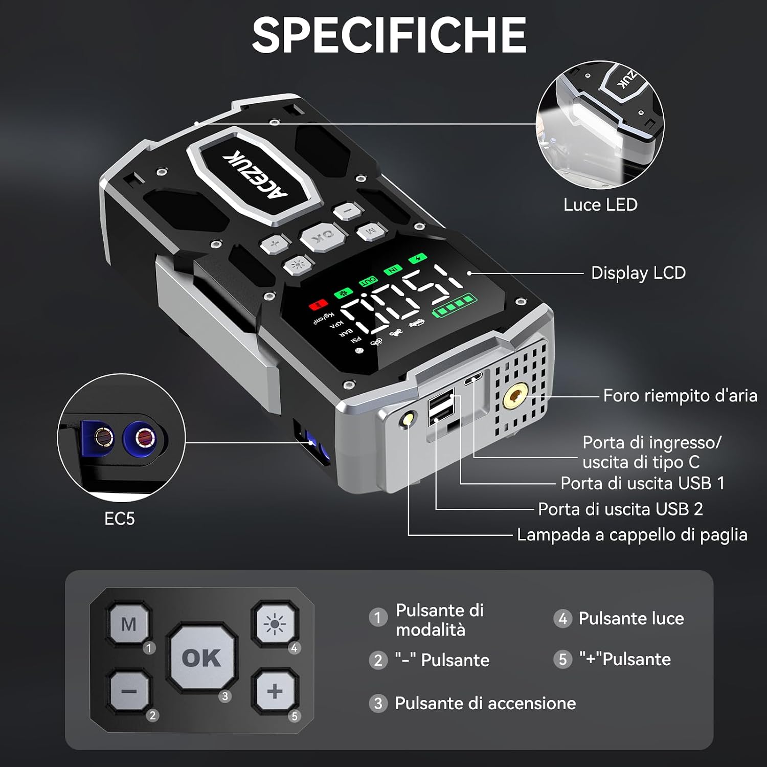 Thumbnail 6 de ACEZUK Avviatore Batteria Auto 12V 8000A con compressore 150 PSI e display 3,4
