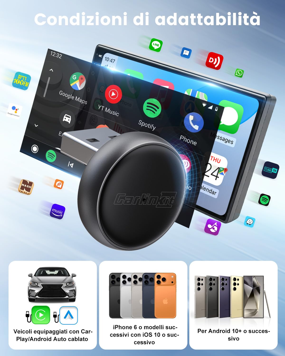 Detalle de CarlinKit Adattatore wireless MINI-Ultra 3: trasformare CarPlay/Android Auto cablato in wireless, ora con aggiornamenti OTA