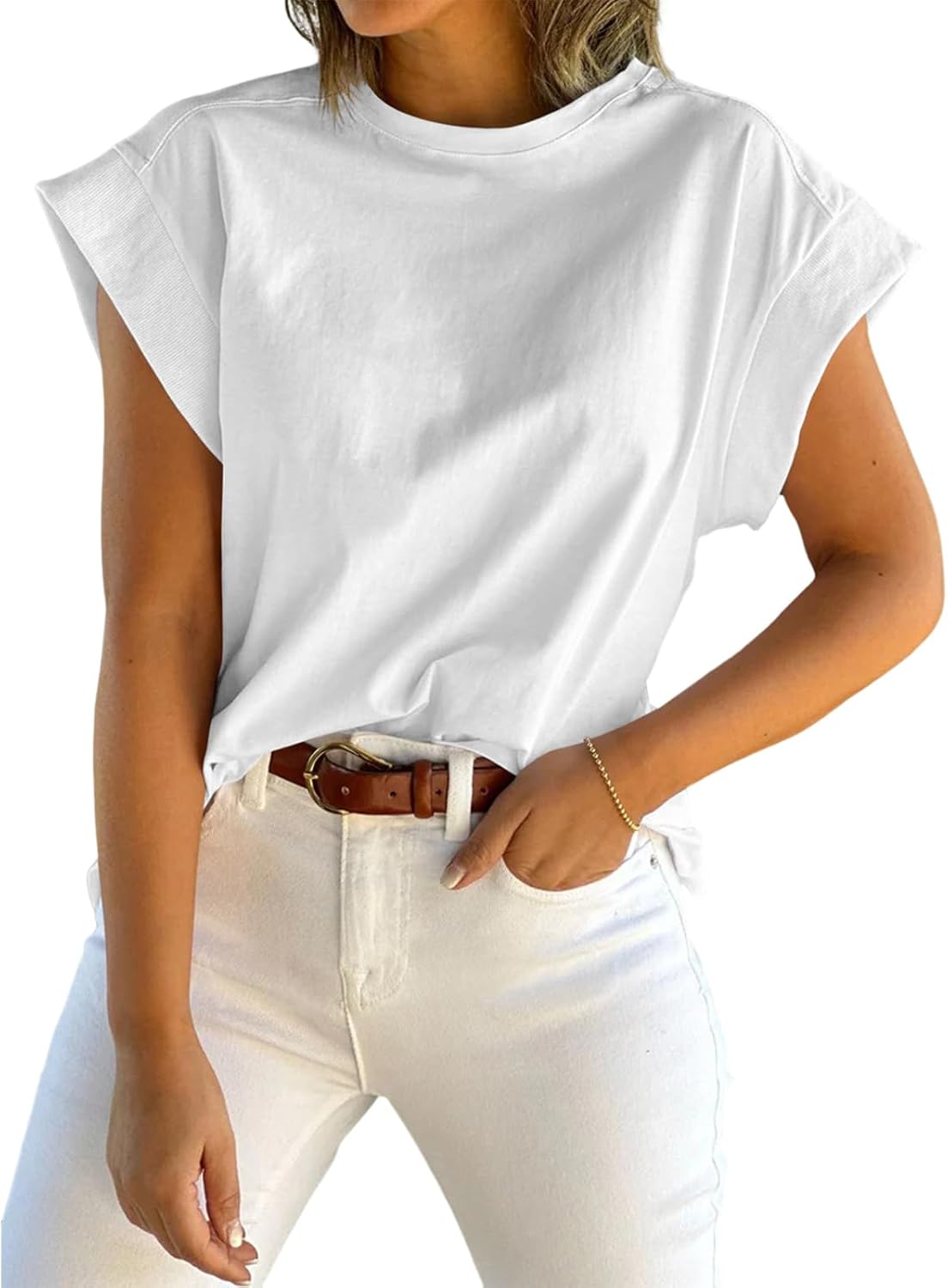 Detalle de Tankaneo Women’s Cap Sleeve Tank Top, Crew Neck Solid Loose Fit Basic Tee