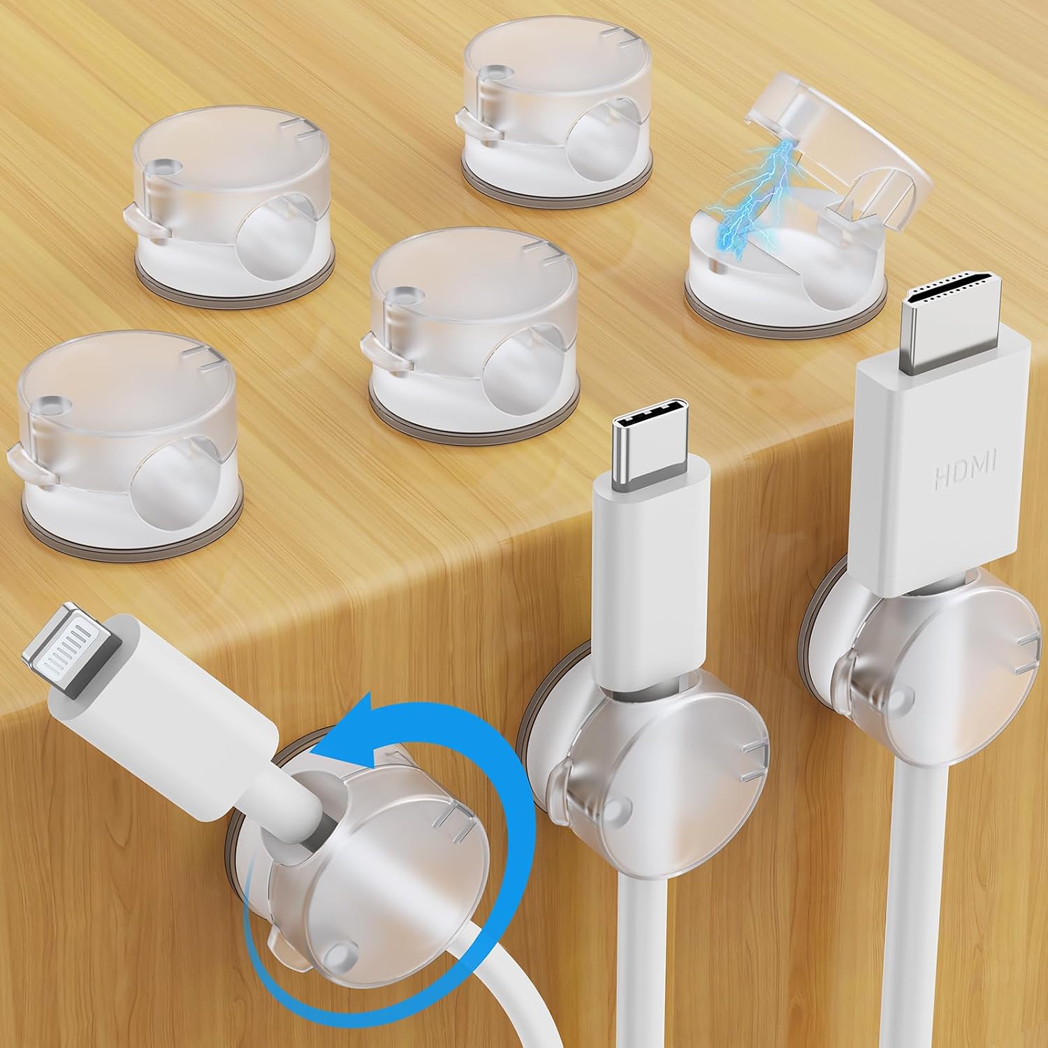 Detalle de AGPTEK 8 clips câble magnétiques transparents avec base rotative 360°