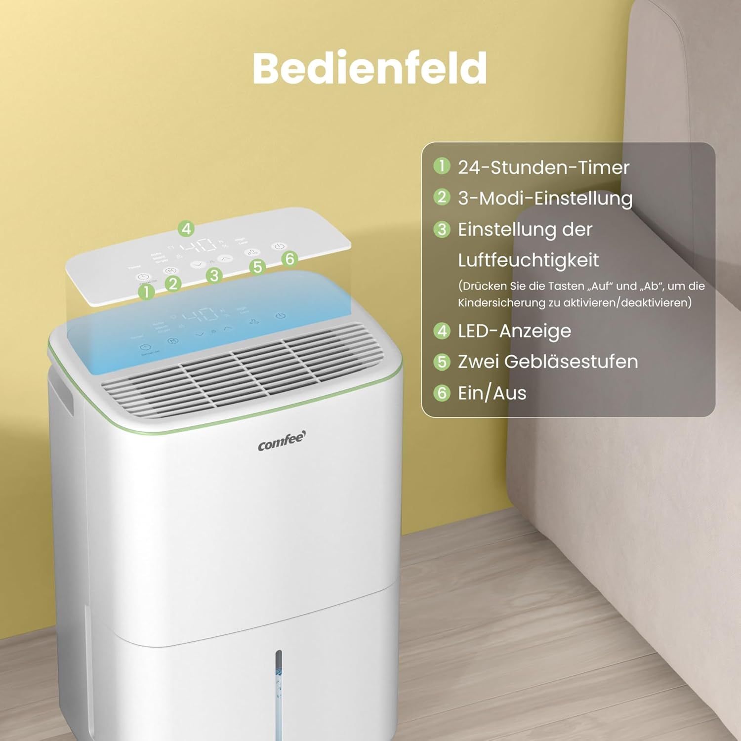 Detalle de COMFEE Luftentfeuchter 12 Liter/Tag CDDOE-12DEN7-QA3(EU) für ca. 50 m³ – mit Kindersicherung & 36 dB