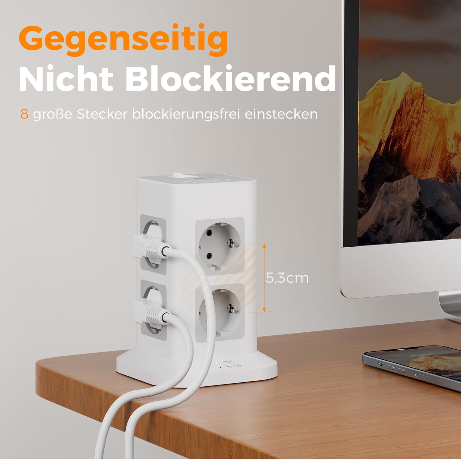 Thumbnail 5 de TESSAN 8-Fach Mehrfachsteckdose mit 2× USB-C und Überspannungsschutz – Steckdosenturm mit 2-m-Kabel und Schalter