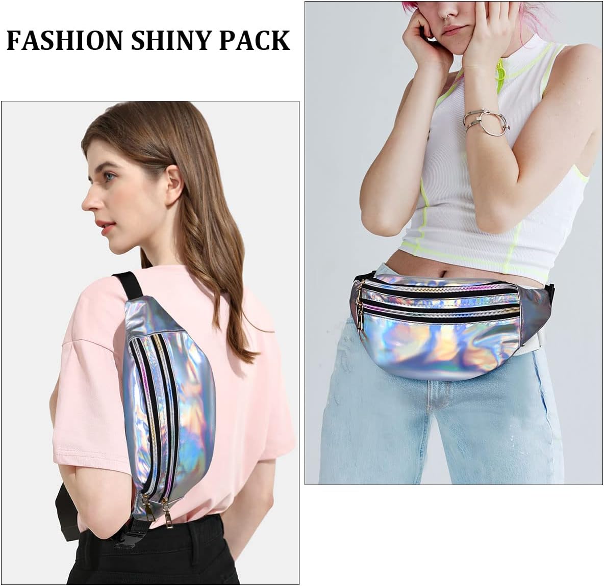 Detalle de flintronic® Sac banane holographique imperméable en cuir PU, multi-poches et ajustable
