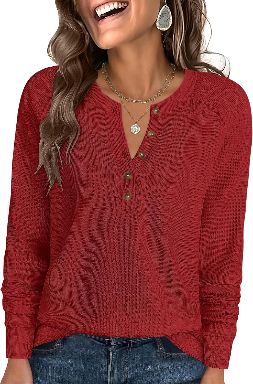 Detalle de ANRABESS waffle knit henley top, loose fit
