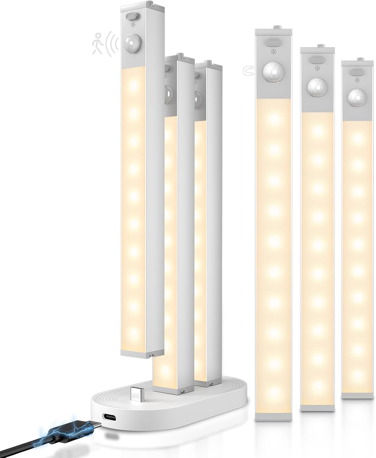 Detalle de Goodea Schranklicht mit Bewegungsmelder, 6er-Set (aluminiumfarben, dimmbar, 3000K, USB-C-Lade-Dock)