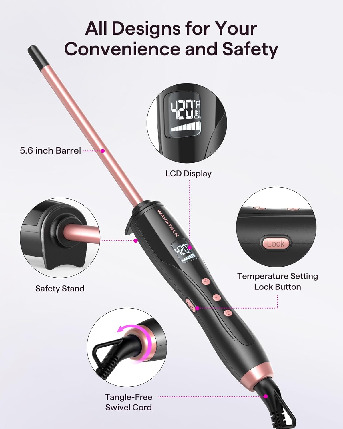 Thumbnail 4 de Wavytalk 3/8 Inch Small Curling Iron Wand with Ceramic Barrel (Rose Pink)
