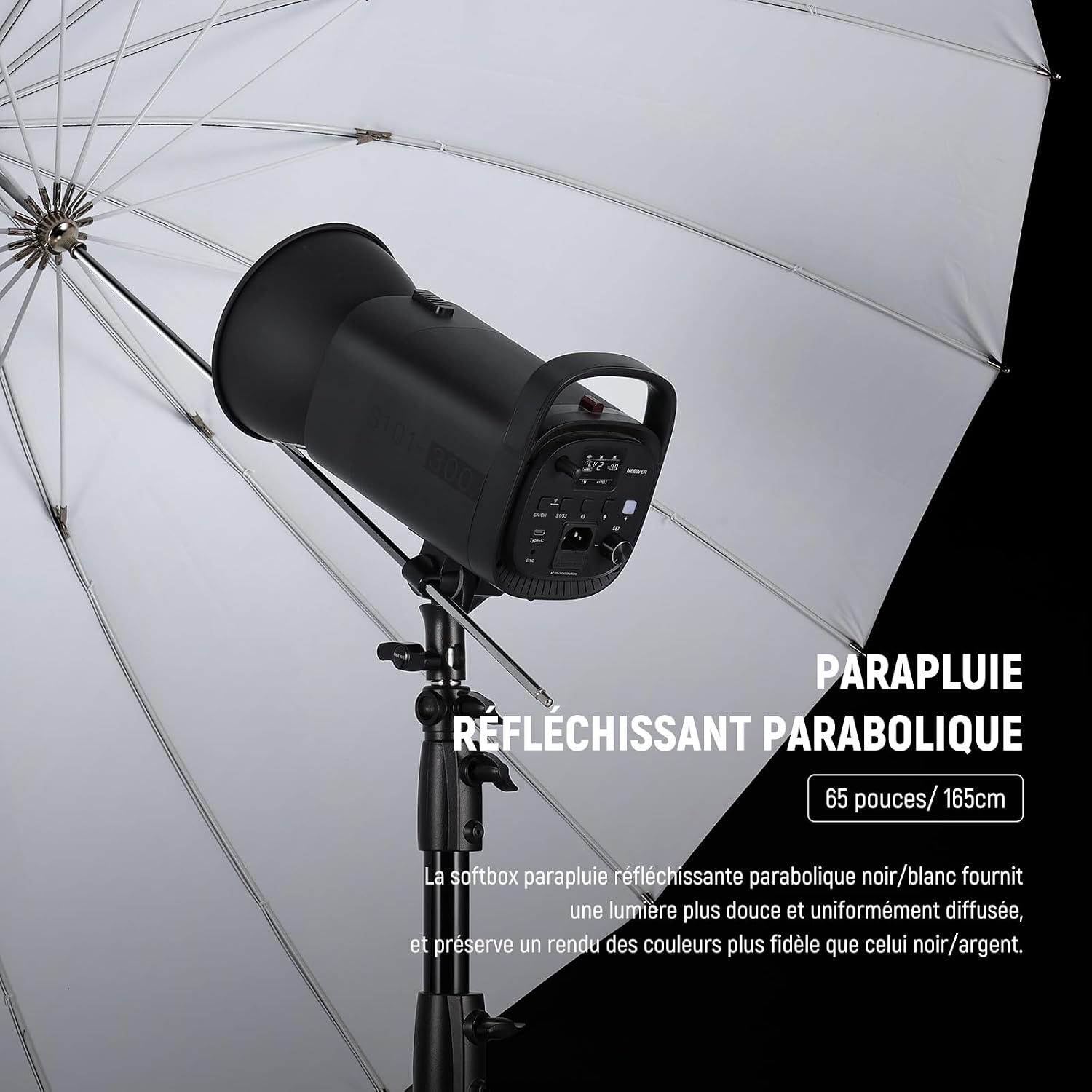 Detalle 2 de Parapluie réfléchissant parabolique 165 cm NEEWER (noir/blanc) pour studio photo et vidéo
