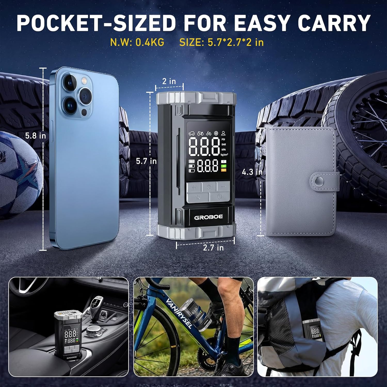 Thumbnail 2 de GROBOE Tyre Inflator Air Compressor: Portable 12V Cordless with Digital Gauge