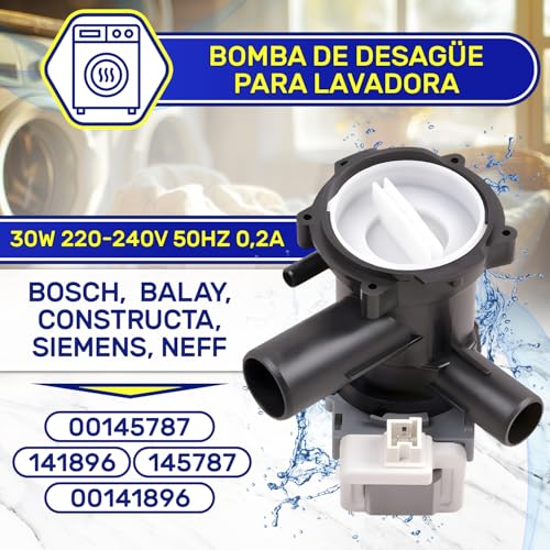 Detalle de Bomba de Desagüe de Lavadora MONTERAL 30W 220-240V para Bosch/Siemens – Código original 141896 / 00141896 / 145787 / 00145787 – Garantía 10 años