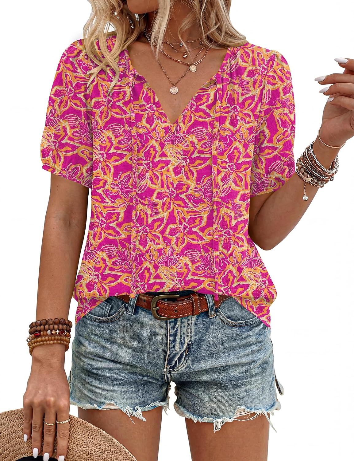 Thumbnail 6 de Rapbin Bluse – Sommer-Boho Bluse mit V-Ausschnitt, lockeres Bindeband-Oberteil