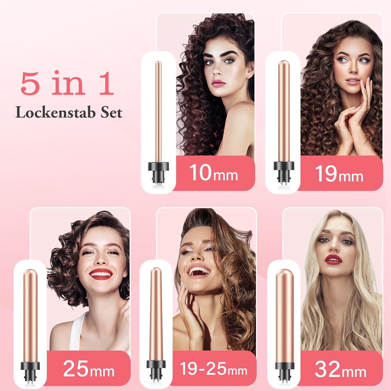 Thumbnail 2 de 5-in-1 Lockenstab Keramik Set mit 32/25/19-25/19/10 mm Aufsatz – Schnellaufheizung, 110V-240V, Anti-Burn