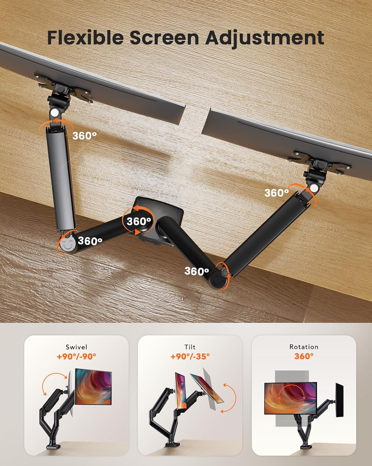 Detalle de ErGear Dual Monitor Arm Desk Mount for 17–32 Inch Screens (VESA 75/100) with 10kg Load, Double Gaming/Work Setup