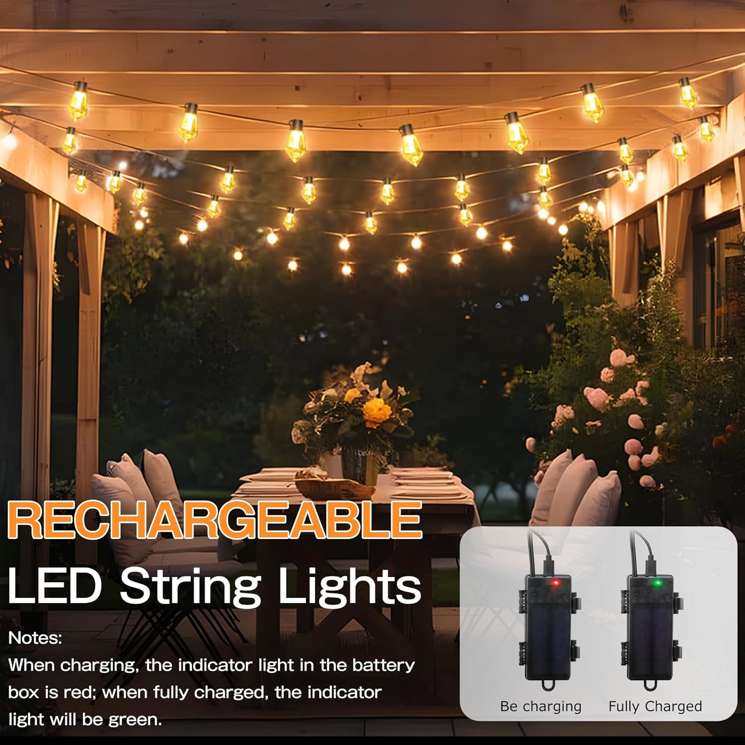Thumbnail 3 de Aurogeek Festoon Lights Outdoor Garden Battery Powered with Timer (9m) – 8 Modes, USB-C Rechargeable, IP64 Waterproof ST64 Bulbs
