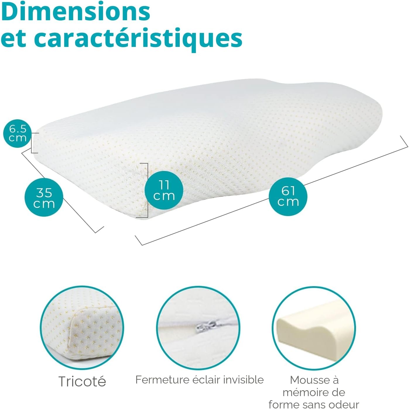 Detalle de Edihome Oreiller Ergo Cervical en mousse mémoire 50 x 30 x 10 cm avec housse coton hypoallergénique