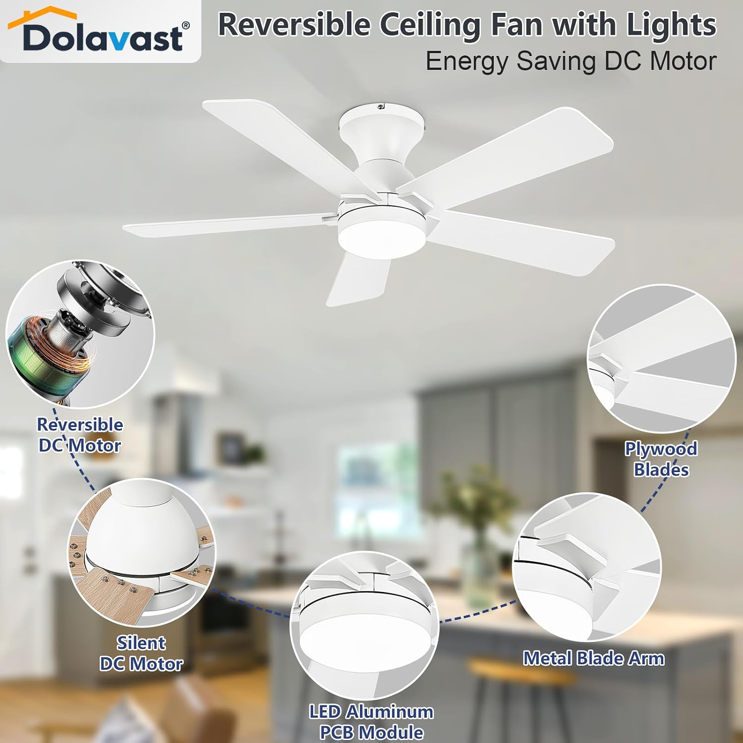 Detalle 2 de Dolavast HY-6163-5/42 42-Inch Low-Profile Ceiling Fan with Light