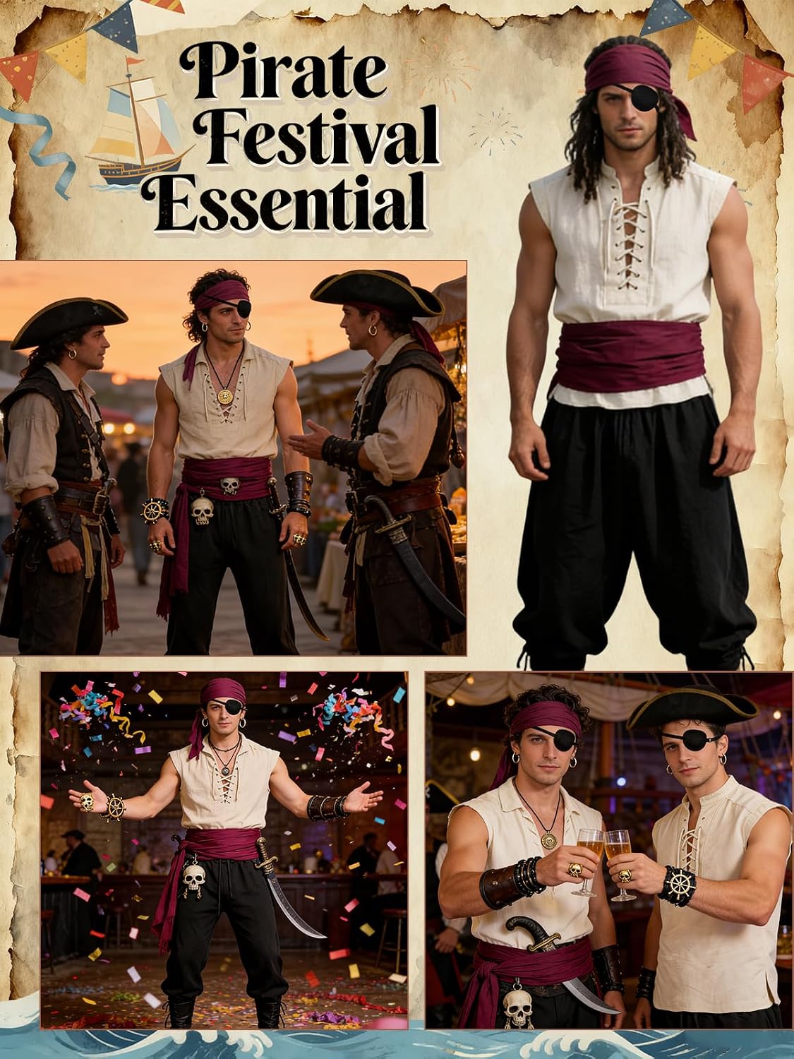 Thumbnail 1 de Verceco Vcpc-8p-001 Men's 8-Piece Pirate Costume with Lace-Up Shirt & Pants