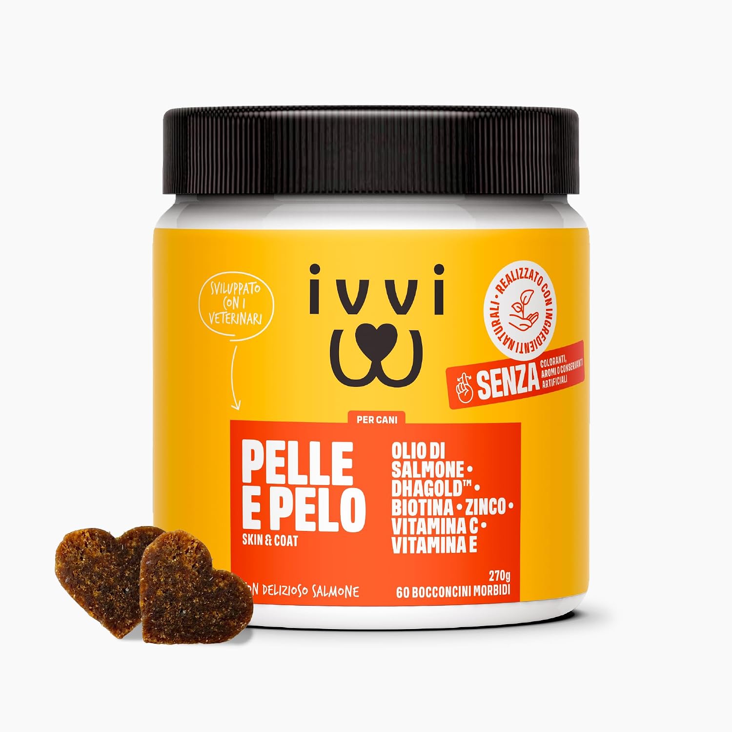 Detalle de ivvi Skin & Coat – Integratore per cani con olio di salmone, vitamine e zinco (60 chicche di salmone)