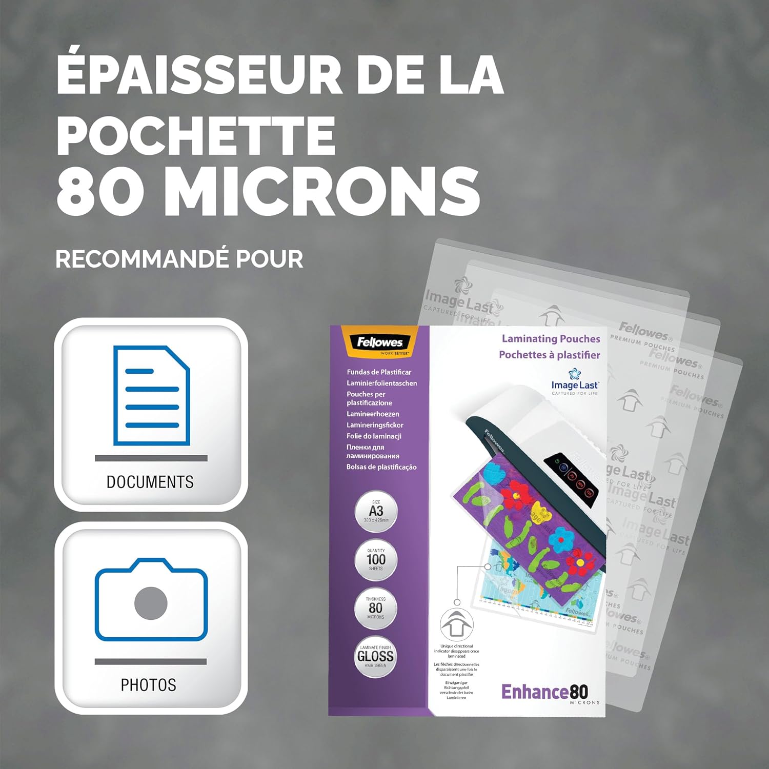Thumbnail 2 de Fellowes Pochette de Plastification 80 microns – format A3, pack de 100 feuilles, finition brillante