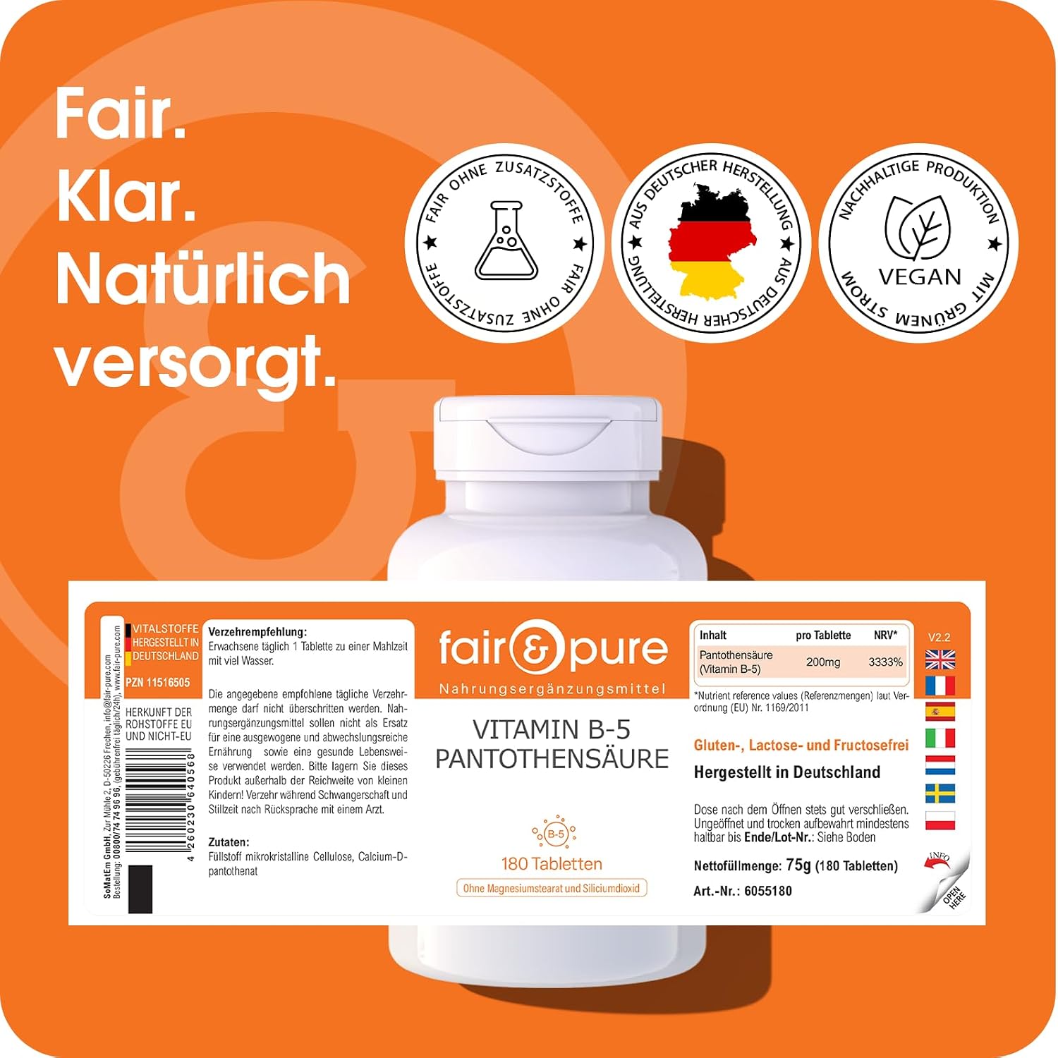 Detalle de Fair & Pure Vitamin B5 200 mg Pantothensäure – 180 Tabletten, vegan, ohne Magnesiumstearat, hergestellt in Deutschland