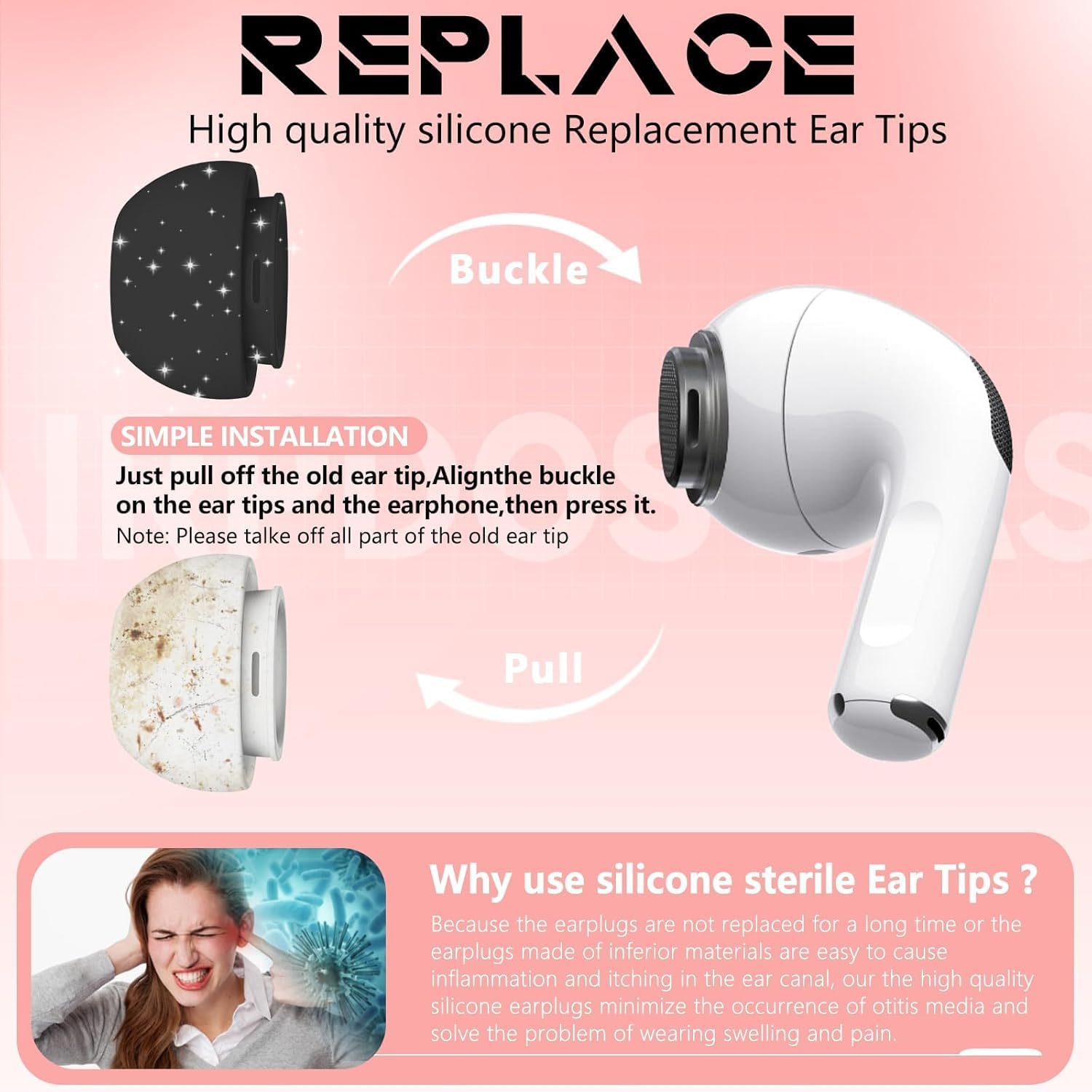 Detalle de Inesore 4 Pairs Replacement Ear Tips for AirPods Pro 2nd/1st Gen (Black) with Noise Reduction Holes, Dust Guard, and Cleaning Pen