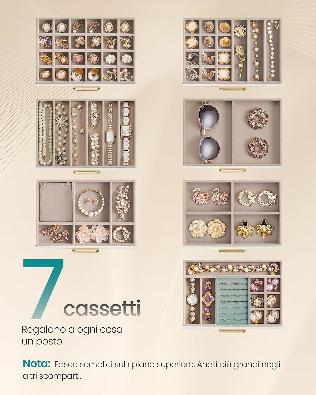 Detalle de SONGMICS Portagioie con Coperchio in Vetro, a 7 Cassetti – Eleganza e Organizzazione