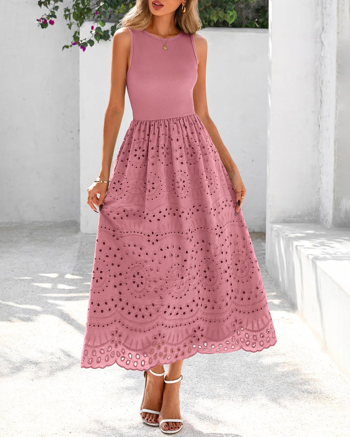 Thumbnail 6 de Dowerme 2026 Boho Lace Eyelet Maxi Dress with Pockets – Sleeveless Crewneck A-Line